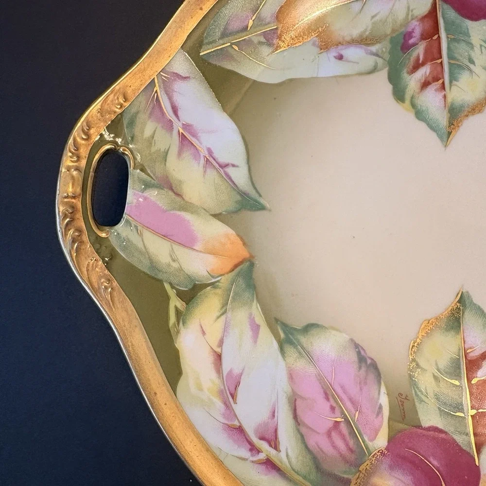 Vintage Royal Austria O&E.G. Cake Plate Autumn Leaves Hand‎ Painted Gold Trim